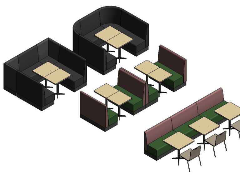 restaurant booth benches tables chair configurations modules revit familes 3d view